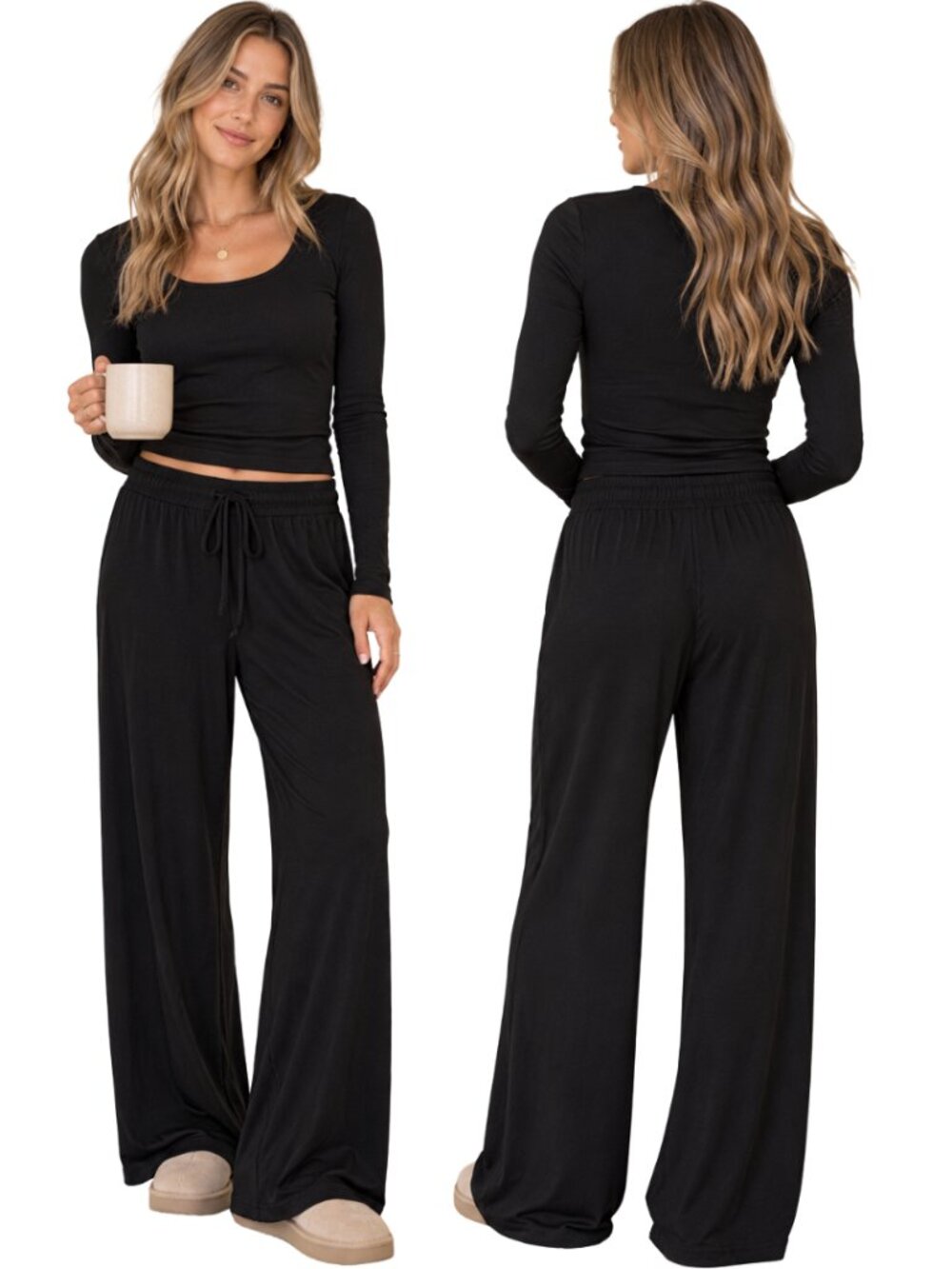 Nuuds Wide Leg Lounge Pants Women's Large Black Loungewear Comfy Relaxation Cozy
